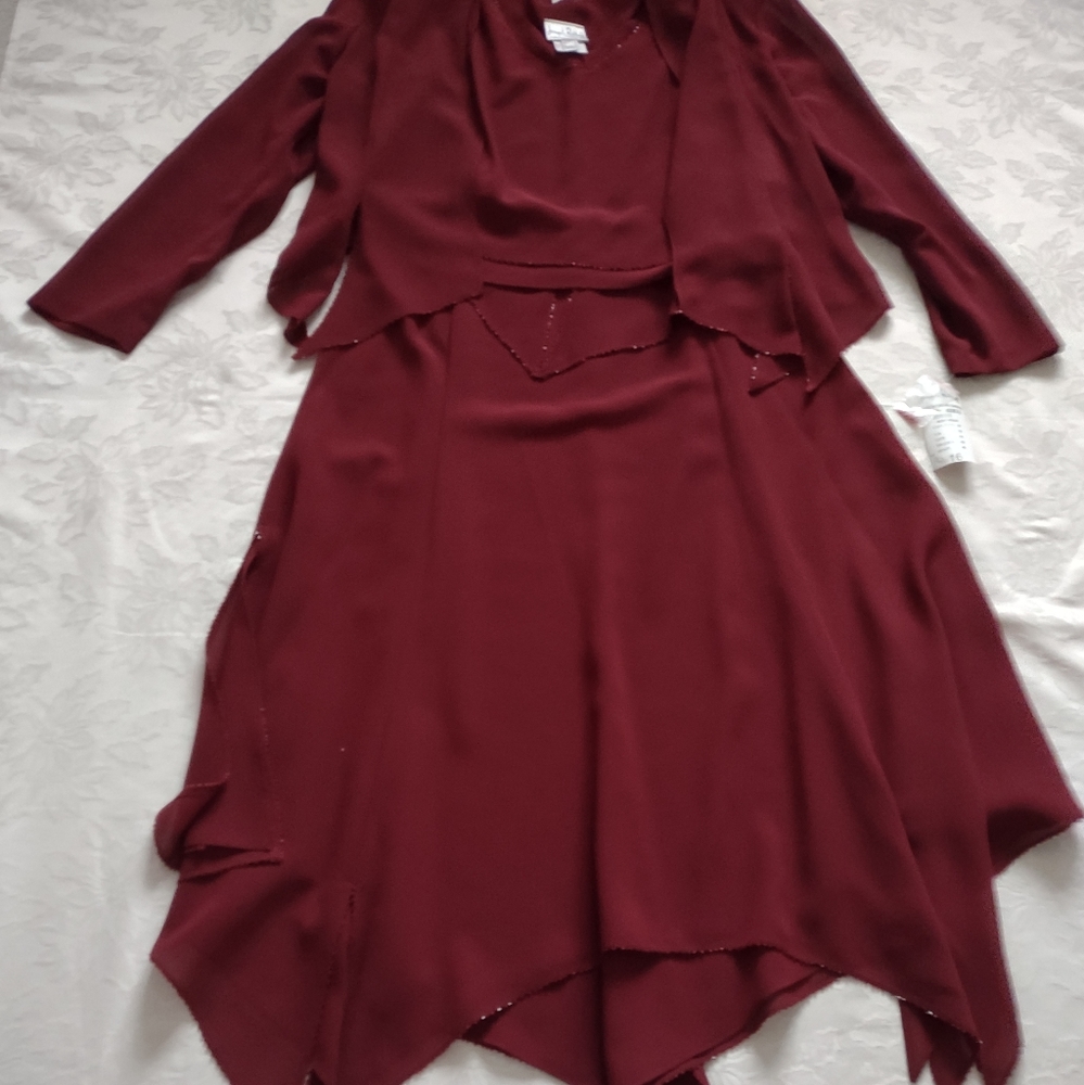 Joseph Ribkoff 3 piece Set burgundy asymmetric beaded jacket skirt top